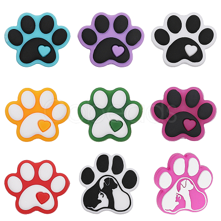 CHGCRAFT 9Pcs 9 Style Dog Paw Print Food Grade Eco-Friendly Silicone Beads SIL-CA0002-80-1