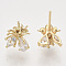 Brass Micro Pave Clear Cubic Zirconia Stud Earring Findings, For Half Drilled Beads, Nickel Free, Flower, Real 18K Gold Plated, 12x9.5mm, Pin: 0.8mm