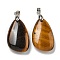 Natural Tiger Eye Pendants, Teardrop Charms, with Rack Plating Platinum Tone Brass Findings, Cadmium Free & Lead Free, 34x18x7.5mm, Hole: 4x5mm