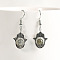 Natural Crystal Stone Hamsa Hand & Round Dangle Earrings, Handmade Sweet Ear Jewelry, Platinum, Gray