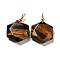 Natural Tiger Eye Pendants, with Rack Plating Golden Tone Brass Loops, Faceted Star, 39~40x25x8.5~10mm, Hole: 3mm