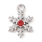 Alloy with Rhinestone Pendants, Snowflake, Platinum, Red, 13x9.5x2.5mm, Hole: 1.2mm