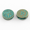 Antique Bronze & Green Patina Plated Flat Round Zinc Alloy Slide Charms X-PALLOY-Q307-04-NR-1