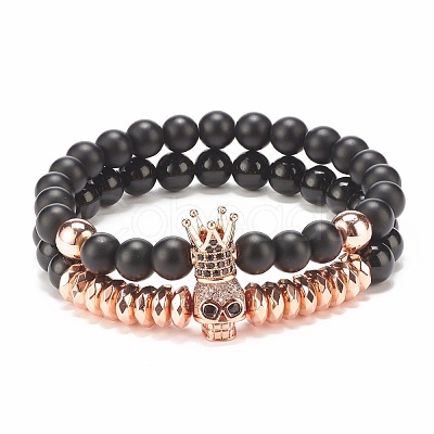 2Pcs 2 Style Synthetic Hematite & Black Stone & Natural Obsidian Stretch Bracelets Set with Cubic Zirconia Skull BJEW-JB08120-04-1