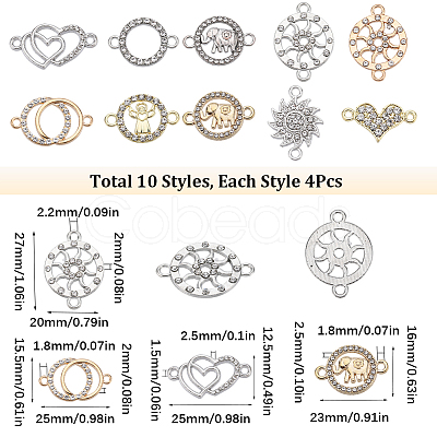 SUNNYCLUE 40Pcs 10 Styles Alloy Connector Charms with Crystal Rhinestone ALRI-SC0001-34-1