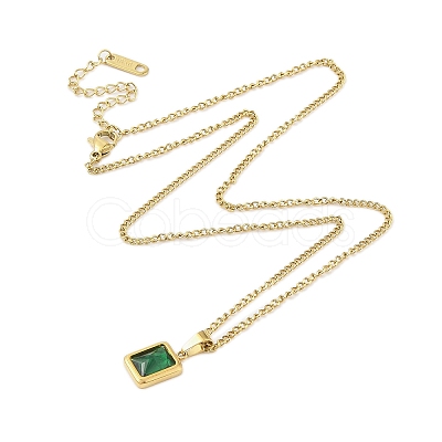 304 Stainless Steel Pave Green Cubic Zirconia Rectangle Pendant Necklaces NJEW-N055-19G-1