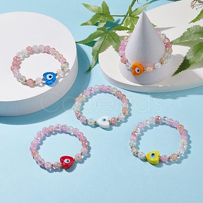 Heart with Evil Eye Lampwork Stretch Bracelet with Glass Beads for Women BJEW-JB08103-1