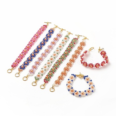 Acrylic Pearl Braided Flower Link Bracelet with Alloy Toggle Clasp for Women BJEW-JB08101-1