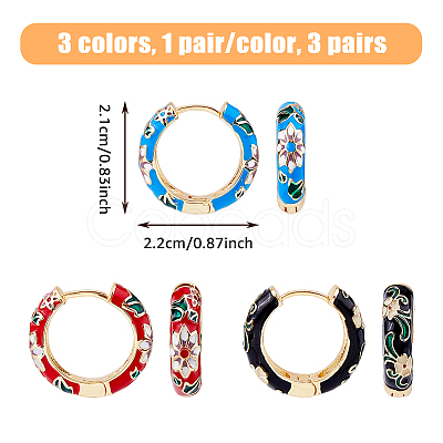 FIBLOOM 3 Pairs 3 Colors Brass Flower Pattern Hoop Earrings EJEW-FI0003-07-1