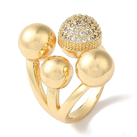 Brass Micro Pave Clear Cubic Zirconia Round Ball Open Cuff Rings for Women RJEW-C098-18G-1