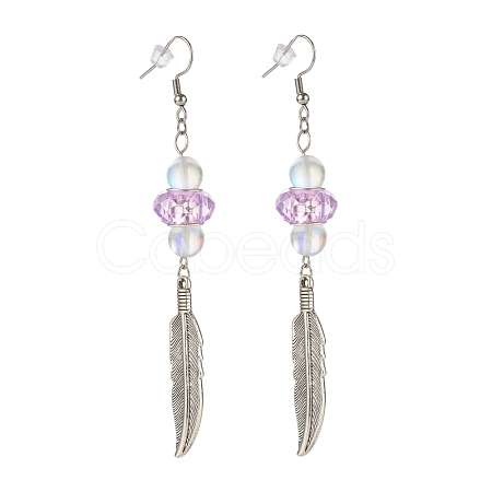 Feather with Round Beads Long Dangle Earrings for Girl Women EJEW-JE04681-05-1
