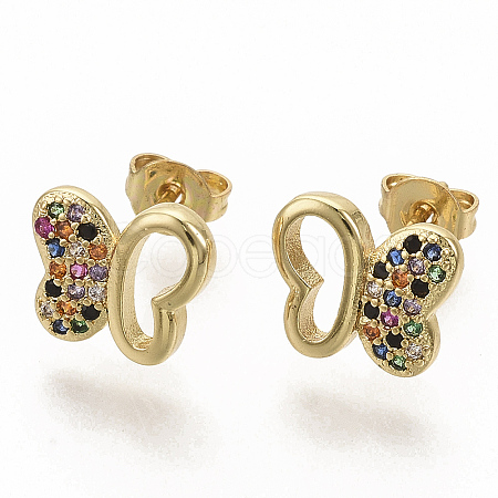 Brass Micro Pave Colorful Cubic Zirconia Stud Earrings EJEW-S208-043-1
