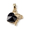 Real 18K Gold Plated Rack Plating Brass Micro Pave Clear Cubic Zirconia Pendants, with Glass, Long-Lasting Plated, Cadmium Free & Lead Free, Flamingo with Heart Charm, Black, 24x19x8mm, Hole: 3.5x5mm