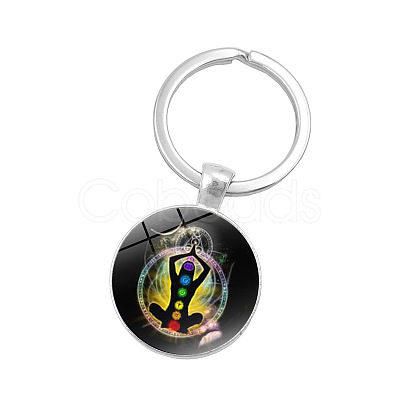 Seven Chakras Yoga Theme Glass Half Round/Dome Pendant Keychain WG14972-09-1