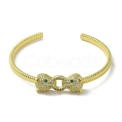 Brass Pave Clear & Green Cubic Zirconia Leopard Open Cuff Bangle for Women BJEW-K246-22B-G-1