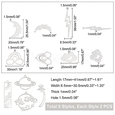 Unicraftale 16Pcs 8 Style 201 Stainless Steel Pendants STAS-UN0026-48-1