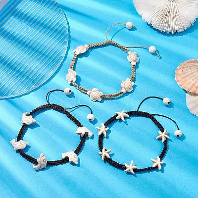 3Pcs 3 Styles Synthetic Turquoise Braided Bead Anklets AJEW-AN00581-1