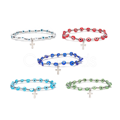 Lampwork Evil Eye & Stainless Steel Column Beaded Stretch Bracelet with Cross Charm for Women BJEW-JB08601-1