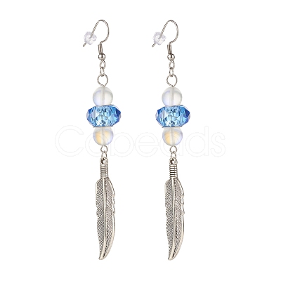 Feather with Round Beads Long Dangle Earrings for Girl Women EJEW-JE04681-01-1