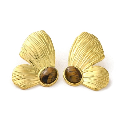 304 Stainlee Steel with Tiger Eye Bead Studs Earring EJEW-Z045-01G-1