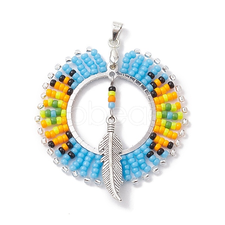 Seed Glass & Alloy Feather Pendant PALLOY-MZ00239-1