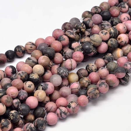 Frosted Natural Rhodonite Round Bead Strands G-F266-13-6mm-1