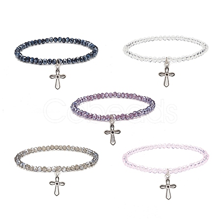 Glass Round Beaded Stretch Bracelet with Alloy Cross Charm for Women BJEW-JB08509-1