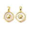 Rack Plating Brass Pave Shell Flat Round Charms with Smiling Face, Seashell Color, Real 18K Gold Plated, 14.5x12x4mm, Hole: 5x2.8mm