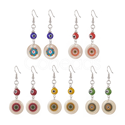 Natural Shell & Resin Evil Eye Dangle Earrings EJEW-JE05223-1