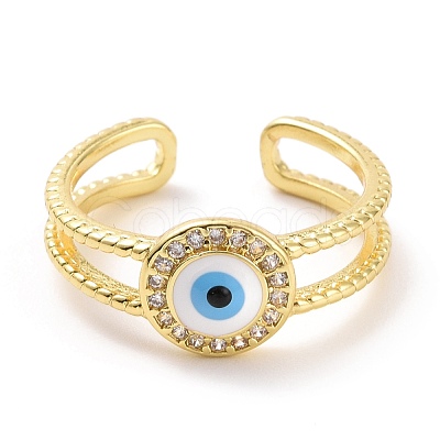 Enamel Evil Eye Open Cuff Ring with Clear Cubic Zirconia RJEW-A007-04LG-1