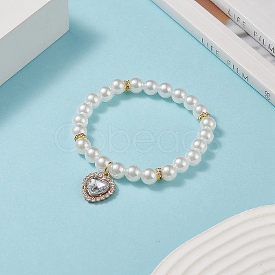 Acrylic Pearl Round Beaded Stretch Bracelet with Alloy Rhinestone Heart Charms for Women BJEW-JB09232-01-1