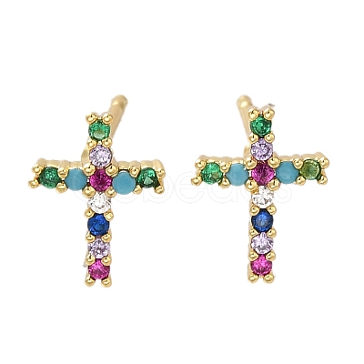 Rack Plating Cross Brass Micro Pave Cubic Zirconia Stud Earrings EJEW-H143-19G-1