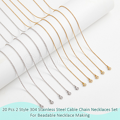 Nbeads 20Pcs 2 Style 304 Stainless Steel Cable Chain Necklaces Set MAK-NB0001-19-1