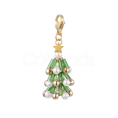 Christmas Tree Glass & Shell Pearl Pendant Decorations HJEW-TA00182-01-1