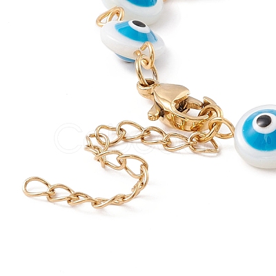 Natural Shell Flat Round with Evil Eye Link Chain Bracelet with Enamel BJEW-C015-21G-1