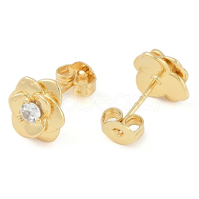 Rack Plating Flower Brass Pave Clear Cubic Zirconia Stud Earrings for Women EJEW-Z059-09G-1