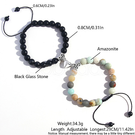 2 Pcs Synthetic Black Stone & Natural Amazonite Couple Bracelets with Heart Magnetic Attraction EH4505-5-1