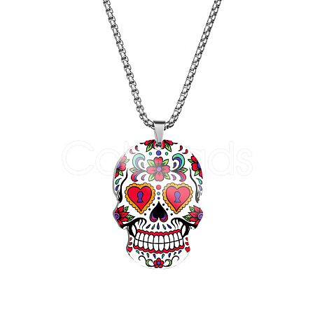 Stainless Steel Skull with Flower Pendant Necklaces SKUL-PW0001-138E-1