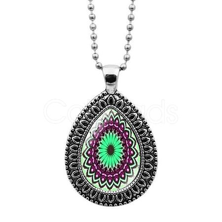 Glass Teardrop with Mandala Flower Pendant Necklace with Ball Chains MAND-PW0001-08J-1