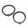 2Pcs 2 Style Synthetic Hematite & Black Stone & Natural Obsidian Stretch Bracelets Set with Cubic Zirconia Skull BJEW-JB08120-03-4