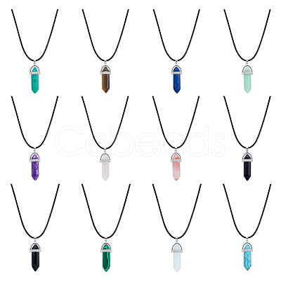 FIBLOOM 12Pcs 12 Styles Double Terminated Pointed Bullet Natural & Synthetic Mixed Gemstone Pendant Necklaces with Wax Cords NJEW-FI0001-44-1