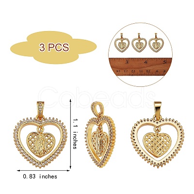 3Pcs Religion Theme Brass Micro Pave Clear Cubic Zirconia Pendants KK-SZ0005-52-1