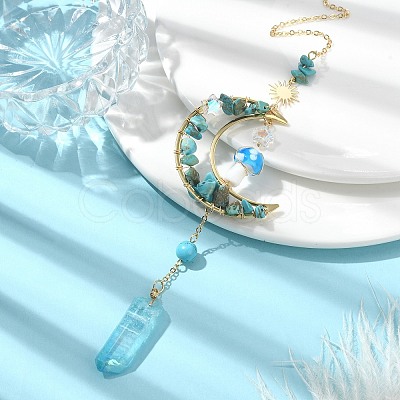 Wire Wrapped Synthetic Turquoise Chips & Brass Moon Pendant Decorations HJEW-TA00103-03-1