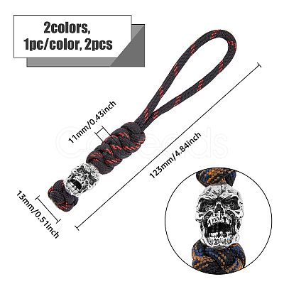 HOBBIESAY 2Pcs 2 Colors Braided Polyester EDC Knife Parachute Lanyard Alloy Skull Bead Pendant Decoration for Men HJEW-HY0001-07-1