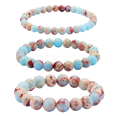 3Pcs 3 Size Synthetic Imperial Jasper Round Beaded Stretch Bracelets Set BJEW-SW00064-26-1