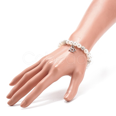 ABS Plastic Imitation Pearl  & Rhinestone Beaded Stretch Bracelet with Alloy Charm for Women BJEW-JB08526-03-1