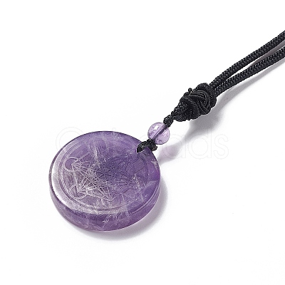 Natural Amethyst Flat Round with Hexagon Pendant Necklace with Nylon Cord for Women NJEW-P274-05-02-1