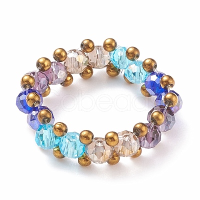 Glass Braided Bead Finger Ring for Women RJEW-JR00467-03-1