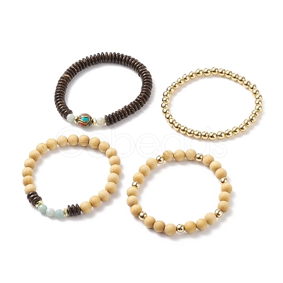 4Pcs 4 Style Natural Flower Amazonite & Synthetic Hematite & Wood Stretch Bracelets Set with Indonesia Beaded BJEW-JB08360-1