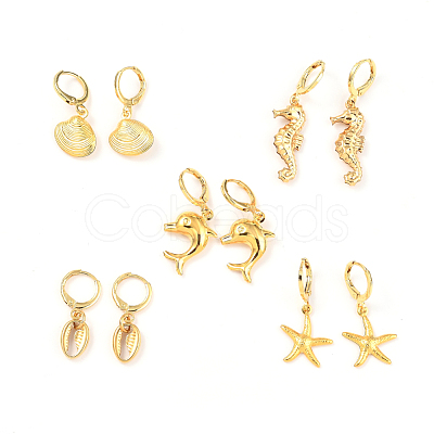 Ocean Theme Brass Huggie Hoop Earring Sets EJEW-JE04211-1